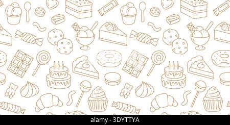 Seamless pattern with hand drawn sweet food doodles. Delicious bakery and dessert background with cake, ice cream, donut, chocolate, cupcake, cookie Stock Vector