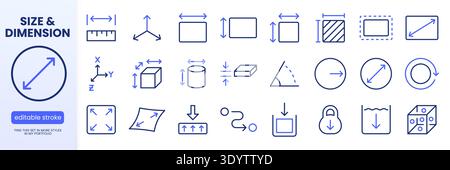 Measurement and dimension line icon set. Ruler, 3D axis, width, height, diameter minimal vector illustrations. Simple outline signs for geometry size Stock Vector