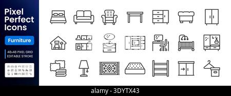 Furniture line icon set. Table, chair, bed, sofa, wardrobe, desk, living room, office chair minimal vector illustrations. Simple outline signs for Stock Vector