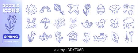 Spring doodle line icon set. Hand drawn tulip flower, Easter bunny, flying bird, sun, rainbow, gardening tools, honey bee, leaf minimal vector Stock Vector