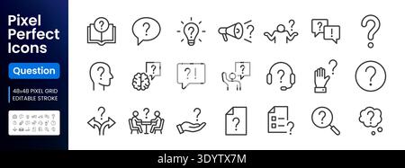 Help, ask question line icon set. FAQ, support, secret info, problem solution, brain, idea, message minimal vector illustrations. Simple outline signs Stock Vector