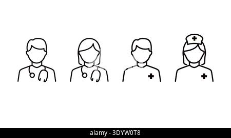 Black Line Medical Staff Icon Set – Doctor Man, Doctor Woman, Nurse Man and Nurse Woman Vector Stock Vector