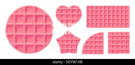 Wafer pink biscuit and candy cake, sweet crispy waffel. Waffle texture pattern and icecream cone cookie, 3d vector illustration. Round belgian dessert Stock Vector