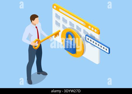 Isometric secure access with businessman using large key to unlock browser password page. Account authorization, protected data entry, credential Stock Vector