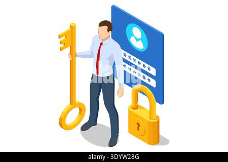 Isometric secure access with businessman using large key to unlock browser password page. Account authorization, protected data entry, credential Stock Vector