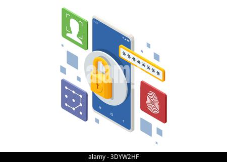 Isometric mobile security illustration with smartphone, padlock, password field and biometric icons. Concept of protected data access, facial scan Stock Vector