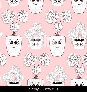 seamless pattern with cute potted plants on pink background with smiling faces Stock Vector