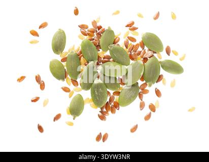 Pumpkin seeds with flax seed mix isolated on white background. Clipping path. Top view Stock Photo
