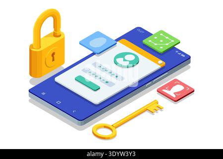 Isometric mobile authentication smartphone login screen, padlock, key and biometric icons. Secure account access, identity verification, data Stock Vector