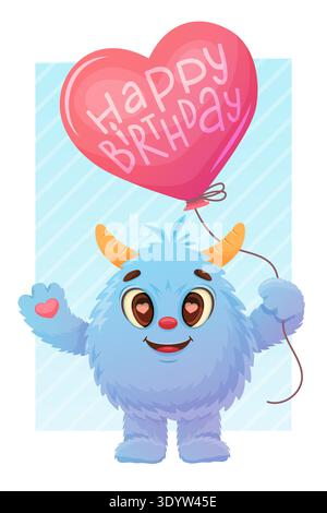 Happy Birthday. Greeting card with cute blue monster and red balloon.  Stock Vector