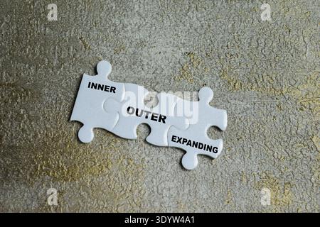 Piece of jigsaw puzzle with word inner, outer, and expanding. The three circles of English based on norms and linguistic features Stock Photo
