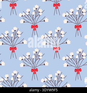 Seamless Pattern of blossom sprigs bouquets with tied ribbon bow. Minimalistic Flat background Cover. Vector illustration Springtime Greeting Thematic card or Media post backdrop Banner, leaflets, tag Stock Vector