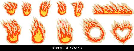 Flame doodles in crayon chalk, hand-sketched fire with grunge textures. Retro promo sticker graphics and rough brush strokes for creative project. Vec Stock Vector