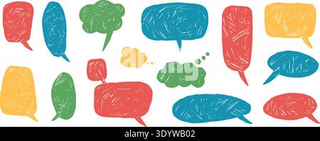 Colorful crayon speech bubbles with rough chalk texture. Hand-drawn dialog frames in blue, red. Cute doodle kids talk balloons for comic and cartoon m Stock Vector