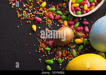 Colored easter eggs on dark background Stock Photo