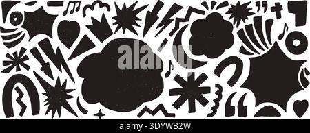 Abstract geometric music note hand drawn background. Geometry freeform charcoal figures scribbles set. Bang clouds, lightning, arrows, heart stickers. Stock Vector