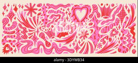 Girly pink cutout shape with paper scrapbook heart and star element for collage. Geometric naive figure with liquid crayon textured freeforms set. Cro Stock Vector