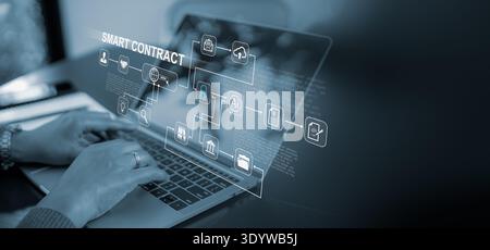 Digital smart contract on virtual screen with blockchain technology, AI and data security. Businesswoman using laptop for secure online agreement, fin Stock Photo