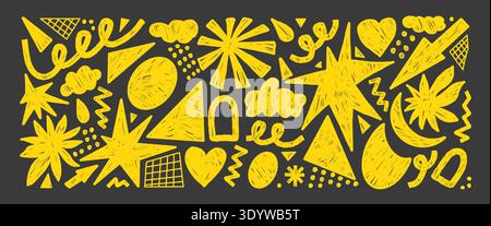 Crayon geometric doodle shapes. Playful stars, flower, grid abstract elements. Funky retro sticker figures, yellow pencil strokes, and childish doodle Stock Vector