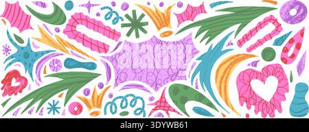 Paper cutout abstract geometric shapes with crayon texture. Background of geometry, organic freeform collage naive hand drawn doodle figures. Scrapboo Stock Vector