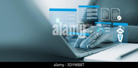 AI and artificial intelligence technology empower business professionals using a laptop to process large-scale data for advanced analytics, driving di Stock Photo