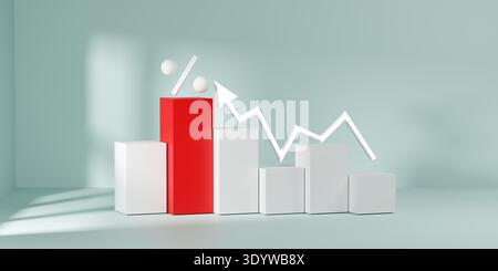 3D render of rising arrow and percentage sign on red and white bar graphs. Financial concept of interest rate hike, inflation, stock market growth, an Stock Photo