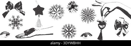 Photocopy vintage Christmas bow, balls, with women hands. Ribbon and snowflakes, stars, collage effect. Dotted stippling grunge xmas festive elements. Stock Vector