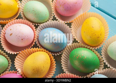 Easter background. Colored eggs closeup Stock Photo