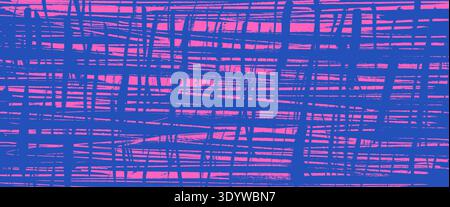 Grungy textured scratch surface with hand-drawn brush strokes pattern. Blue pink grid overlay, rough grain effect, and abstract shapes for punk projec Stock Vector