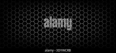 Fiber honeycomb gradient with carbon hexagon on black background for tech presentation. Large hex grid glows from a bright gradation at the center. Da Stock Vector