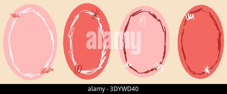 Coquette frames with rough crayon border in girly paper cutout and oval whimsical shape. Pink oval coquette frame as sticker with heart doodle and sof Stock Vector
