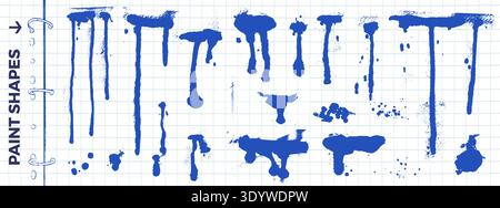 Blue paint spray, splodge and drip set on grid paper background with ink stains. School splotch spray with dirty blobs, runny streaks and dot element. Stock Vector