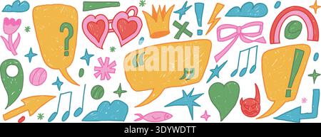 Colorful funky crayon speech bubbles. Hand drawn talk text boxes frames with scribbles set. Funky crayon chalk clouds, callout shapes. Kids chat frame Stock Vector