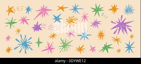 Colorful hand drawn kids pastel chalks stars. Crayon twinkles spark set. Scribble magic stardust collection. Christmas childish blue, purple shine com Stock Vector