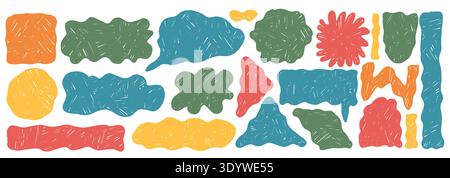 Hand-drawn wavy organic shapes. Crayon geometric frames create playful abstract backgrounds. Wavy edges rectangles, irregular boxes and curvy borders Stock Vector