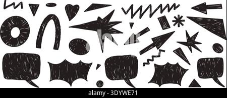 Charcoal geometric shapes with speech bubbles. Black marker naive bang and promo text boxes. Hand drawn abstract elements with textured brush strokes. Stock Vector