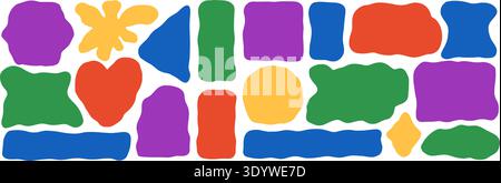 Organic irregular forms geometric shapes. Wavy rectangle, square frames with heart, blob for text. Arc, triangles box and curvy blot. Flat geometric s Stock Vector