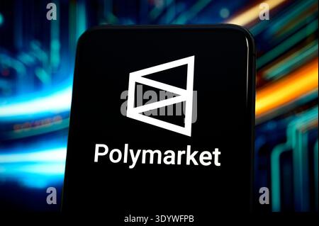 Paris, France - November 26, 2025: The Polymarket logo displayed on a smartphone screen against a blurred background of glowing digital lines. Stock Photo
