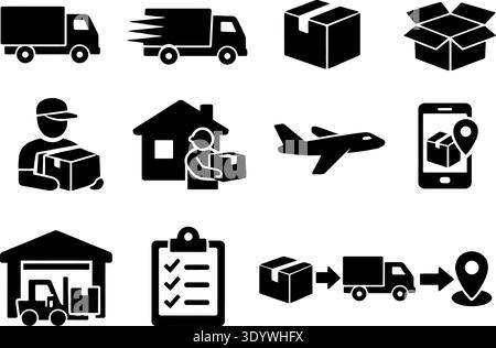 logistics solid icon set. Delivery, freight, transport icons solid collection Stock Vector