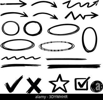 Arrow, circle, underline marker hand pen set. Arrow line marker hand drawn brush pencil sketch. Doodle check, cross, star oval round icon sign symbol Stock Vector