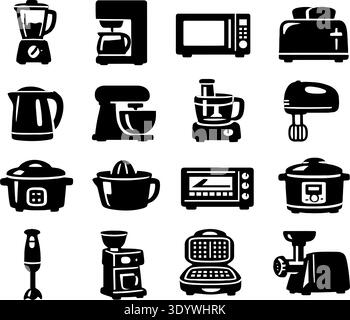 Black silhouettes of kitchen appliances icons set on white background. concept of cooking tools, household electronics, kitchen devices, culinary equi Stock Vector
