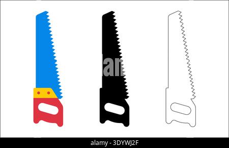 This collection features three hand saw icons including a colorful flat version, a solid black silhouette, and a clean line art style. Stock Vector
