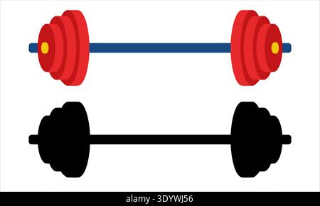 A colorful red and blue barbell weight rests above a solid black silhouette version on a white background. These fitness icons represent strength Stock Vector