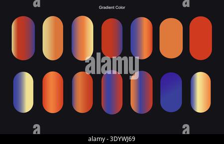 Fourteen pillshaped containers display a variety of smooth color gradients ranging from deep blues to sunset oranges. These modern design elements Stock Vector