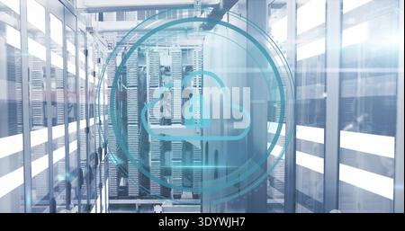 Glowing cloud security icon with padlock hovering over data center aisle, with server racks Stock Photo