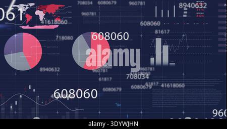 Displaying central dashboard on screen, with pie charts, numeric 608060, red map, candlestick trend Stock Photo