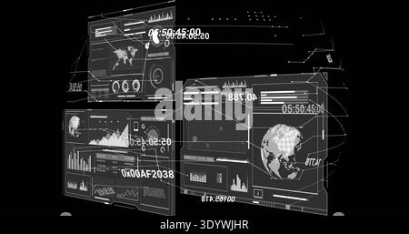 Displaying clustered holographic HUD panels floating in solid black backdrop, with pixelated globe Stock Photo