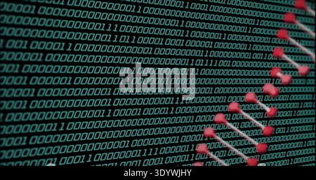 Displaying teal binary matrix filling monitor screen, featuring diagonal red bead chain overlay Stock Photo