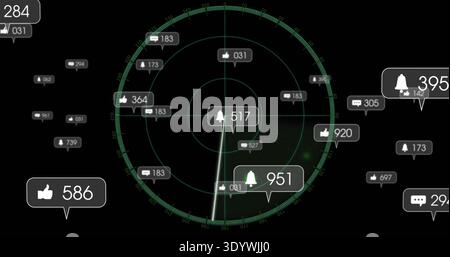 Displaying circular radar grid with rotating green sweep in dark UI, floating notification badges Stock Photo