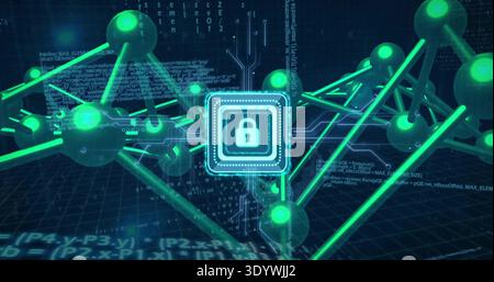 Displaying central microchip with padlock glowing on dark grid plane, connecting spherical nodes Stock Photo